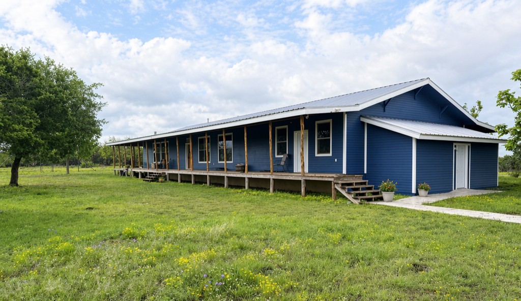 3-Wire Ranch main house exterior — blue ranch house with wraparound porch, Texas Hill Country