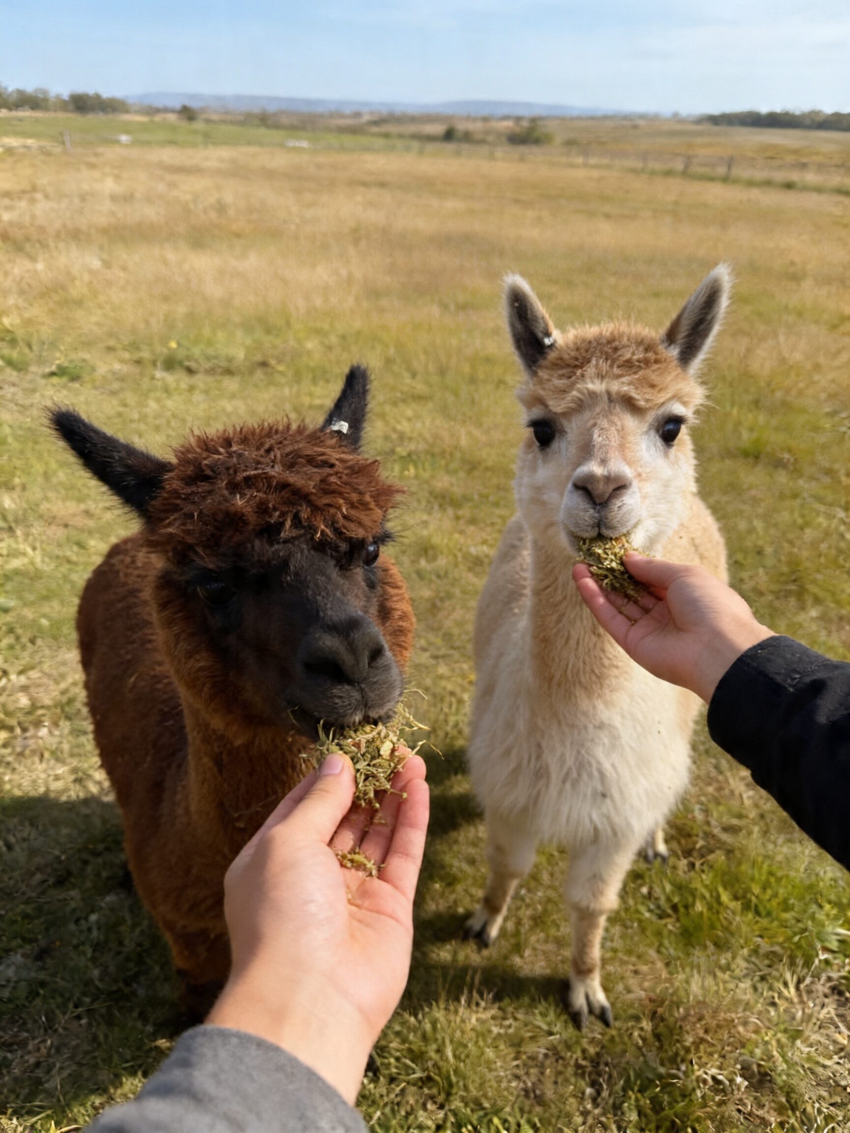 Hand feeding alpacas at 3-Wire Ranch