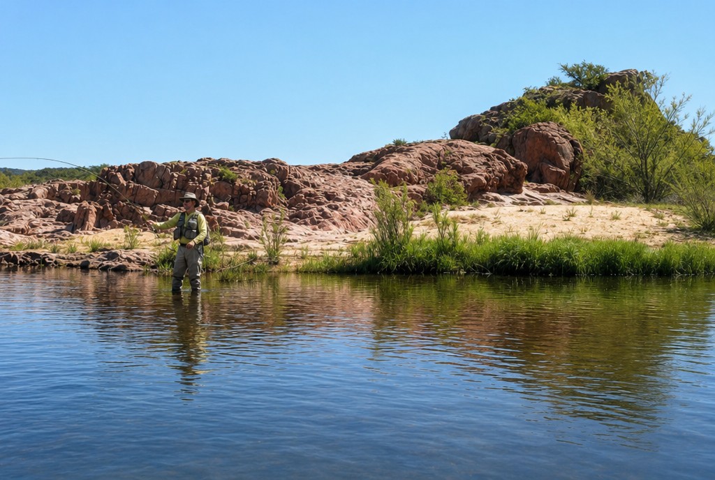 Fly fishing on the Llano River at dusk — 3-Wire Ranch, Texas Hill Country