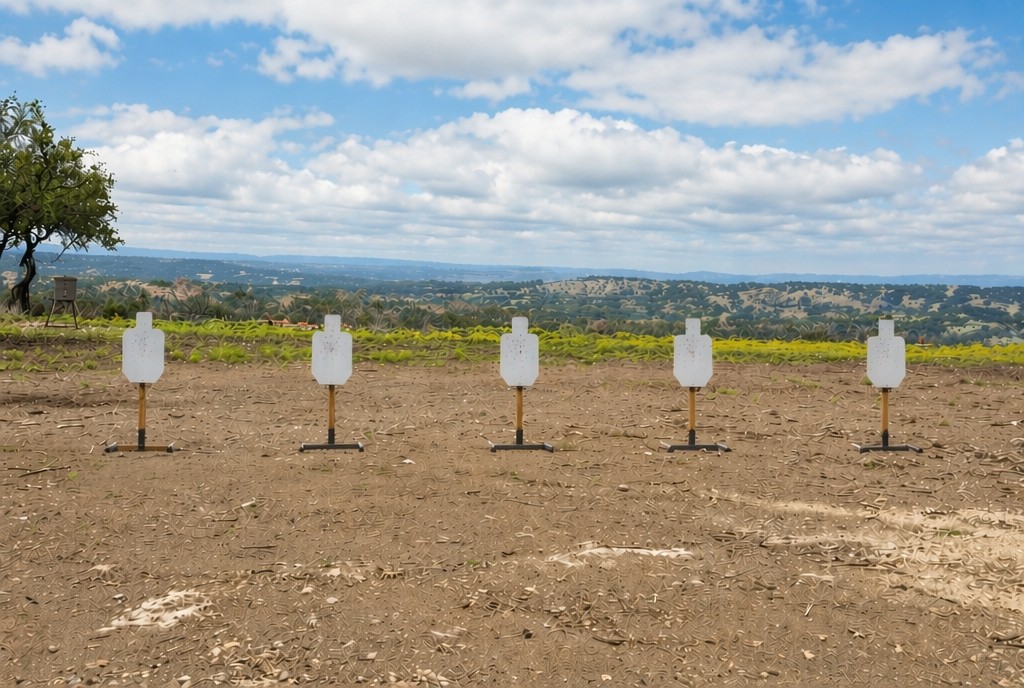 Five steel silhouette targets on the 3-Wire Ranch shooting range with Hill Country panorama behind